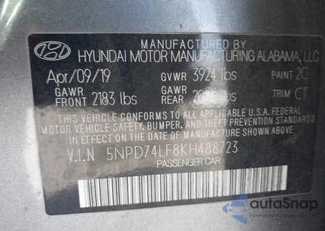 2019 Hyundai Elantra Se z USA, uszkodzony, nr VIN 5NPD74LF8KH488723